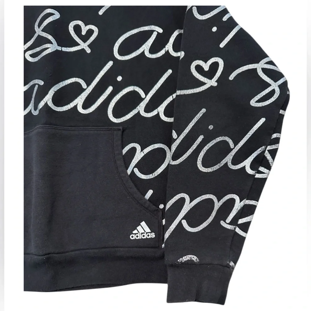 Adidas | Girls' Allover Print Foil Fleece Silver on Black Hoodie | Size 14 | EUC
